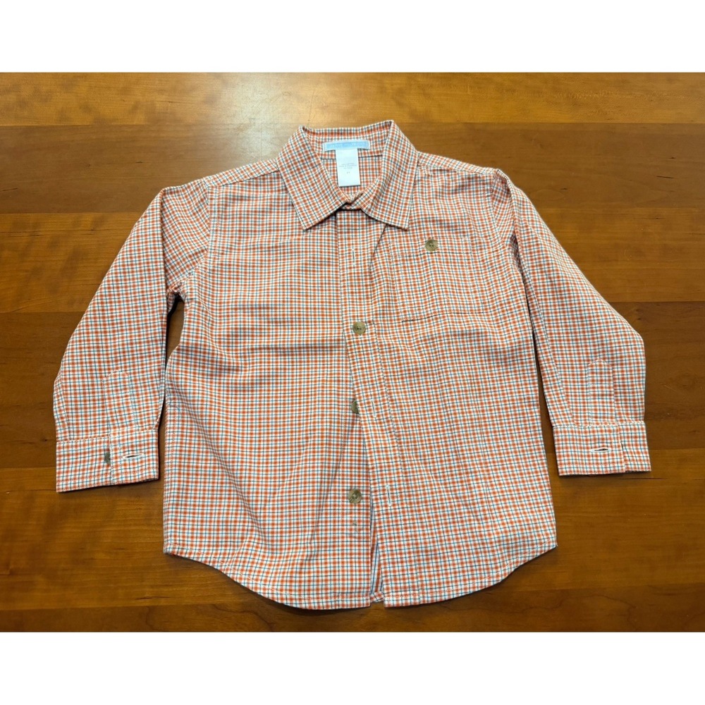 Janie and Jack Boys Orange Plaid Cotton Collared Button-Up Shirt Long Sleeve 2T